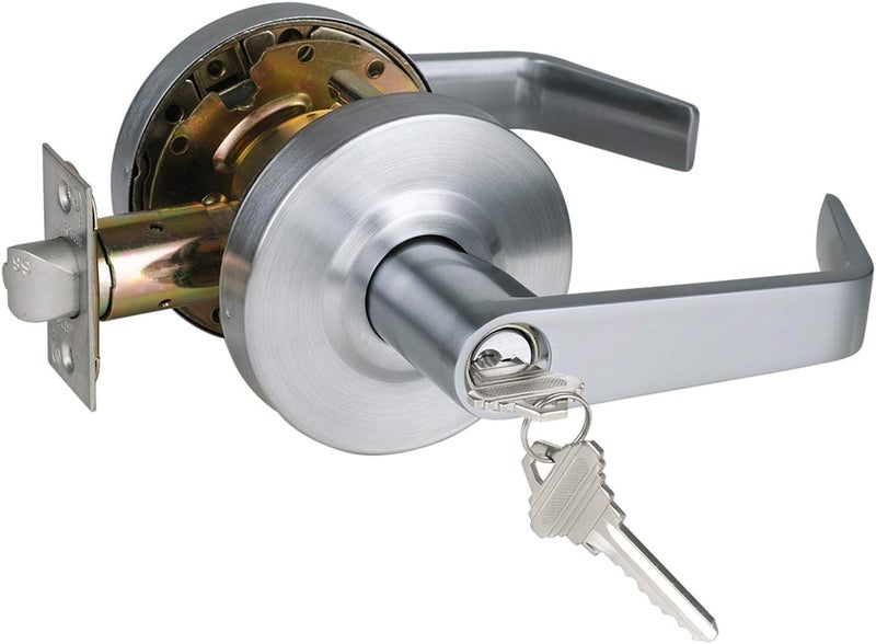 HISAFE Heavy Duty Commercial Grade 2 Keyed Entry Door Lever, Satin Chrome Finished ADA Commercial Handle, UL 3 Hour Fire Rated Ergonomic Lever for Exterior Door and Front Door, 70mm Latch - Image 1